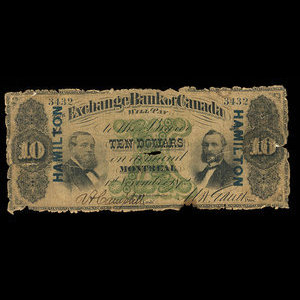 Canada, Exchange Bank of Canada, 10 dollars : November 1, 1872