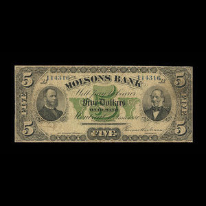 Canada, Molsons Bank, 5 dollars : June 1, 1880