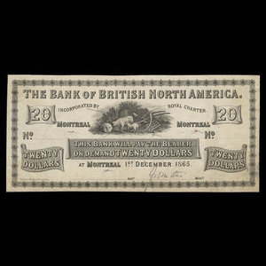 Canada, Bank of British North America, 20 dollars : December 1, 1865