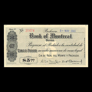 Mexico, Bank of Montreal, 5 pesos : May 1, 1915