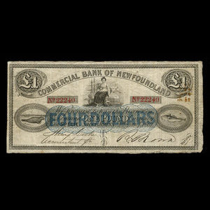 Canada, Commercial Bank of Newfoundland, 4 dollars : January 1, 1867