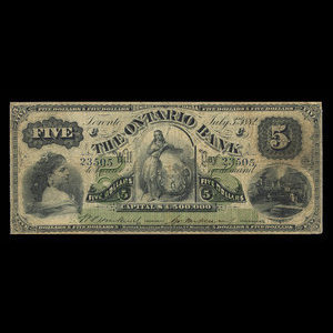 Canada, Ontario Bank, 5 dollars : July 3, 1882