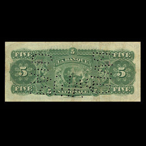 Canada, La Banque Nationale (National Bank), 5 dollars : January 2, 1891