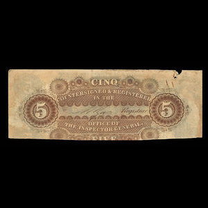 Canada, Molsons Bank, 5 piastres : October 1, 1853