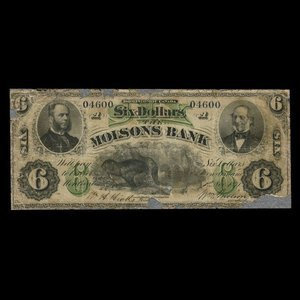 Canada, Molsons Bank, 6 dollars : November 5, 1871