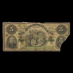 Canada, Metropolitan Bank, 5 dollars : February 1, 1872