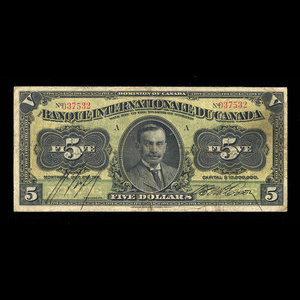 Canada, Banque Internationale du Canada, 5 dollars : October 2, 1911