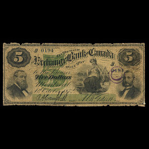 Canada, Exchange Bank of Canada, 5 dollars : October 1, 1872