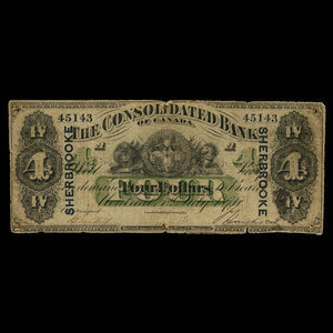 Canada, Consolidated Bank of Canada, 4 dollars : July 1, 1876