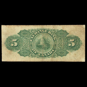 Canada, Exchange Bank of Canada, 5 dollars : October 1, 1872