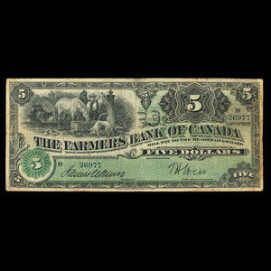 Canada, Farmers Bank of Canada, 5 dollars : September 1, 1908