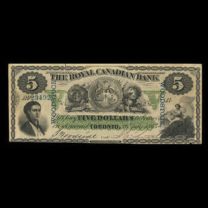 Canada, Royal Canadian Bank, 5 dollars : July 26, 1865