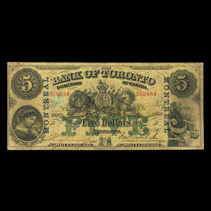 Canada, Bank of Toronto (The), 5 dollars : July 1, 1890