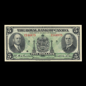 Canada, Royal Bank of Canada, 5 dollars : January 2, 1935