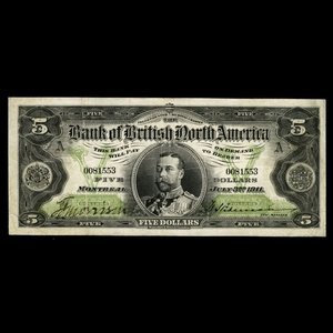 Canada, Bank of British North America, 5 dollars : July 3, 1911