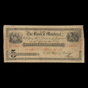 Canada, Bank of Montreal, 5 dollars : April 5, 1852