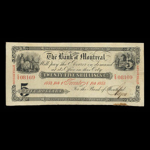 Canada, Bank of Montreal, 5 dollars : February 1, 1853