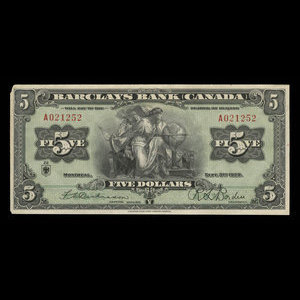 Canada, Barclays Bank, 5 dollars : September 3, 1929