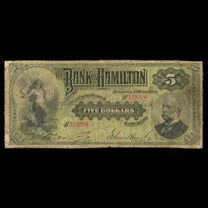 Canada, Bank of Hamilton, 5 dollars : June 1, 1892