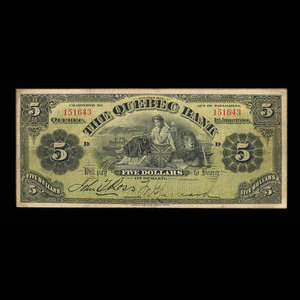 Canada, Quebec Bank, 5 dollars : June 1, 1908