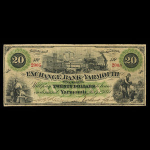 Canada, Exchange Bank of Yarmouth, 20 dollars : July 1, 1871