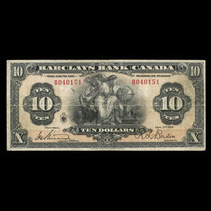 Canada, Barclays Bank, 10 dollars : September 3, 1929