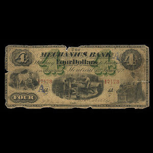 Canada, Mechanics Bank (Montreal), 4 dollars : June 1, 1872