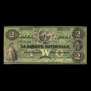 Canada, La Banque Nationale (National Bank), 2 dollars : April 28, 1860