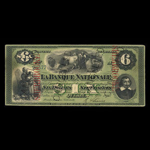 Canada, La Banque Nationale (National Bank), 6 dollars : May 28, 1870