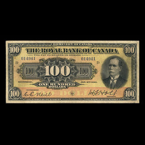 Canada, Royal Bank of Canada, 100 dollars : January 2, 1913