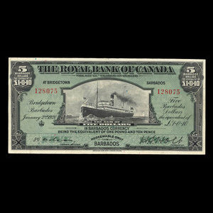 Barbados, Royal Bank of Canada, 5 dollars : January 2, 1920