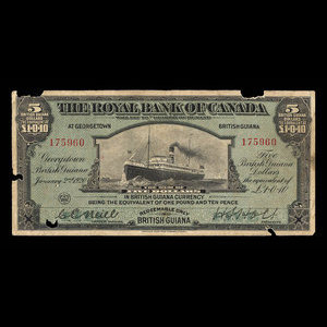 British Guiana, Royal Bank of Canada, 5 dollars : January 2, 1920