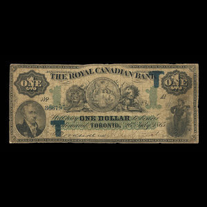 Canada, Royal Canadian Bank, 1 dollar : July 26, 1865