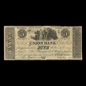 Canada, Union Bank, 5 dollars : August 1, 1838