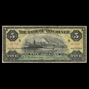 Canada, Bank of Vancouver, 5 dollars : May 2, 1910