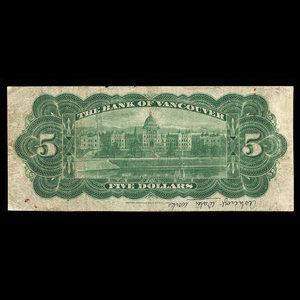 Canada, Bank of Vancouver, 5 dollars : May 2, 1910