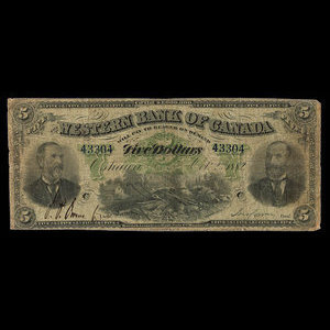 Canada, Western Bank of Canada, 5 dollars : October 2, 1882