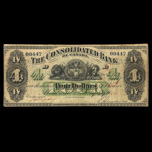 Canada, Consolidated Bank of Canada, 4 dollars : July 1, 1876