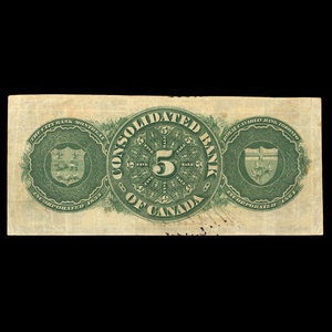 Canada, Consolidated Bank of Canada, 5 dollars : July 1, 1876