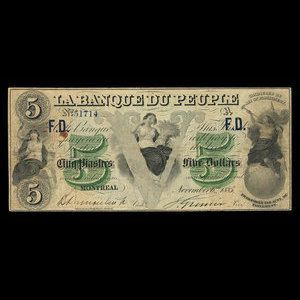 Canada, Banque du Peuple (People's Bank), 5 dollars : November 6, 1885