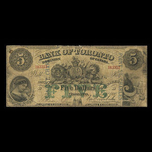 Canada, Bank of Toronto (The), 5 dollars : July 1, 1890