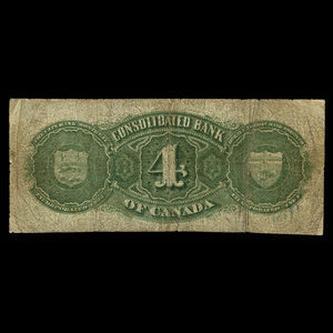 Canada, Consolidated Bank of Canada, 4 dollars : July 1, 1876