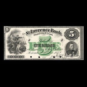 Canada, St. Lawrence Bank, 5 dollars : December 2, 1872