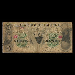 Canada, Banque du Peuple (People's Bank), 5 dollars : November 6, 1885