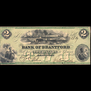 Canada, Bank of Brantford, 2 dollars : November 1, 1859