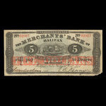 Canada, Merchants' Bank of Halifax, 5 dollars : October 1, 1873