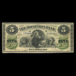 Canada, Dominion Bank, 5 dollars : February 1, 1871