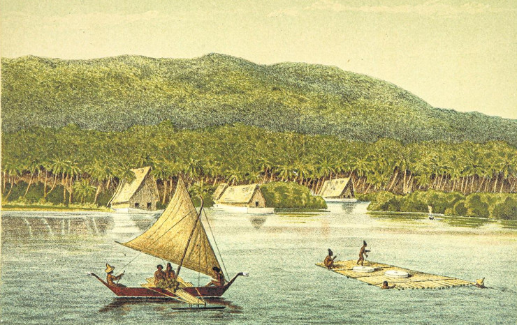 Illustration, colour; a small, open sailboat and a raft with large stone rings on it, both floating in front of a landscape of thick jungle.