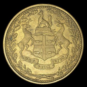 Token, brass colour, side 1, showing a coat of arms flanked by two moose.