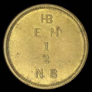 Token, brass colour, side 2, showing letters indicating its value.